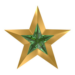 Gold star with green glass insert. Isolated on white
