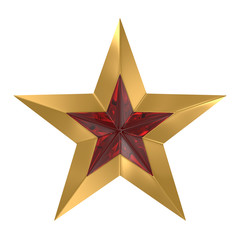 Gold star with red glass insert. Isolated on white