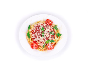 Spaghetti with tomato basil and cheese.