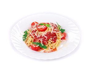 Spaghetti with tomato sauce basil and cheese.