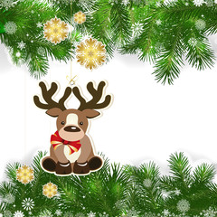 Christmas background with Christmas decor and green branches.