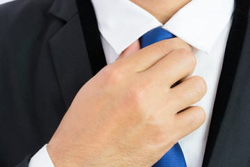 Businessman adjusting necktie isolated