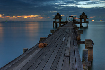 The long bridge over the sea with a beautiful sunrise, Thailand
