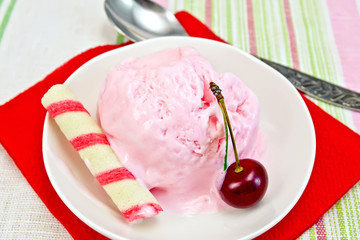 Ice cream cherry on red paper napkin with spoon