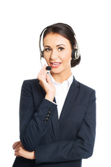 Portrait of call center woman talking to customer