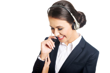 Portrait of call center woman talking to customer