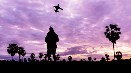 Fototapeta na wymiar Boy and kite on twilight