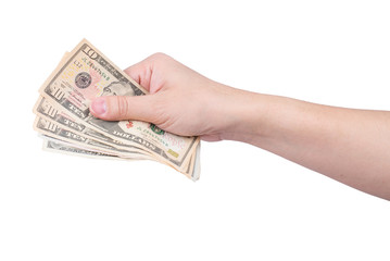 hand with stack of dollars isolated on white