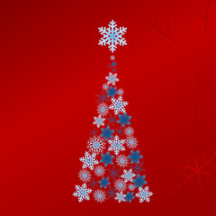 Blue vector Christmas tree on bright red background