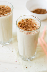 milkshake with chocolate topping in glass cup