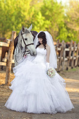 Portrait of the beautiful bride  with a grуy horse