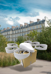 Commercial drone flying around Paris - obrazy, fototapety, plakaty