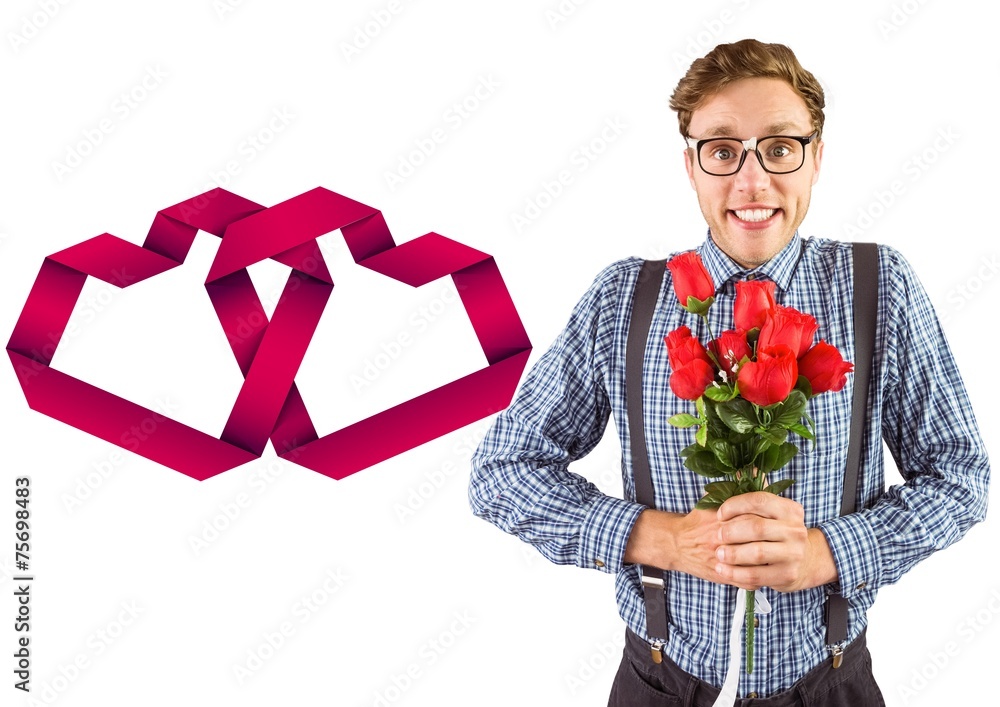 Poster composite image of geeky hipster holding a bunch of roses