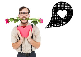 Composite image of geeky hipster offering valentines gifts
