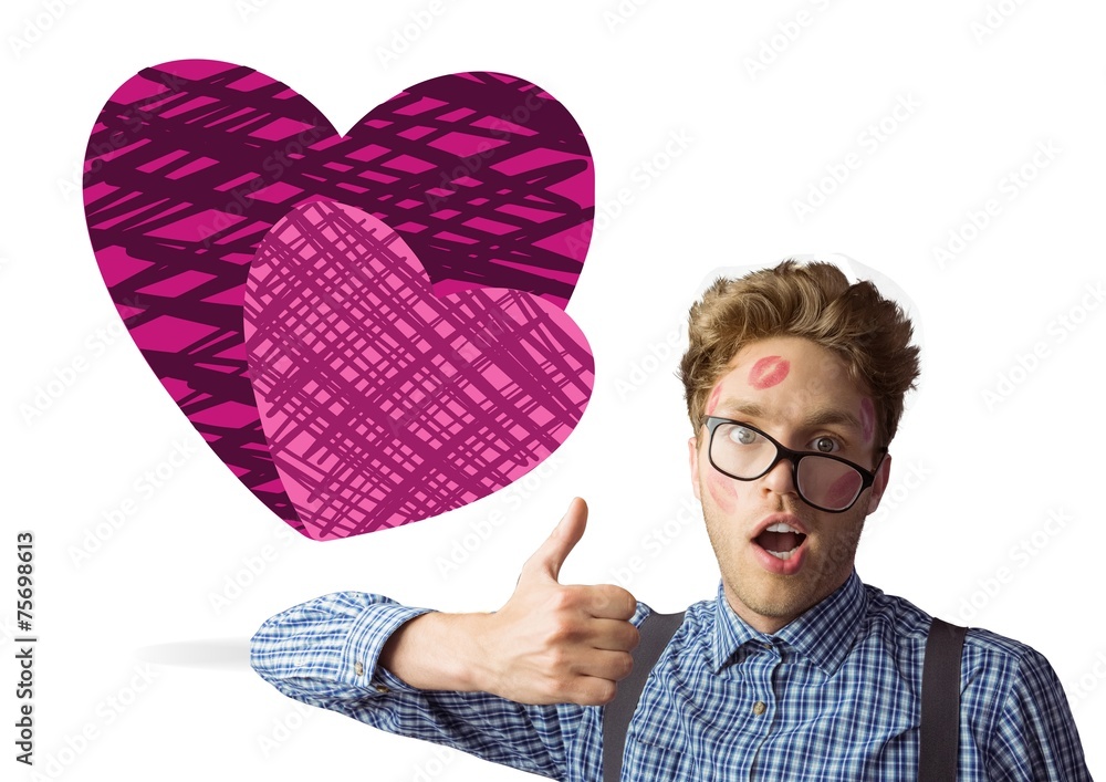 Poster composite image of geeky hipster covered in kisses