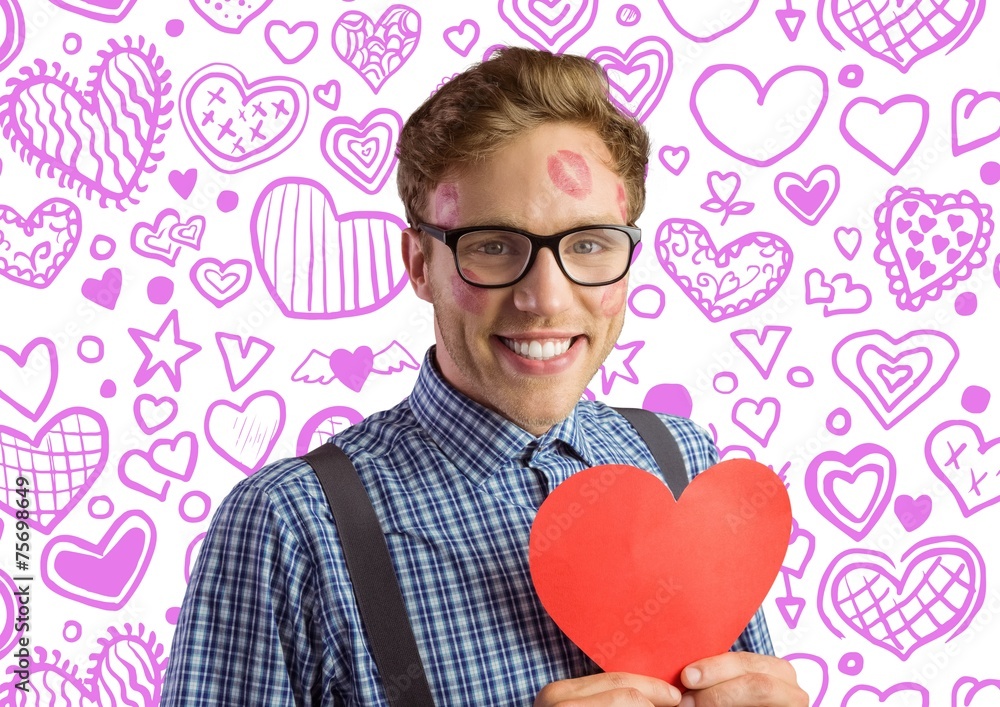 Aufkleber composite image of geeky hipster covered in kisses