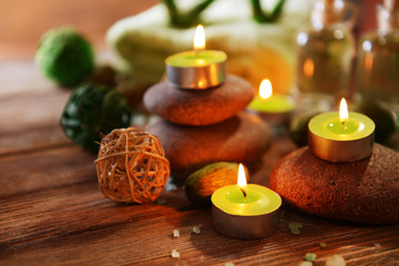 Composition of spa treatment on wooden background