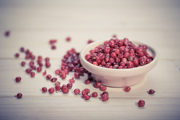 Red pepper, peppercorns in bowl. hot spices 