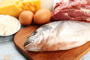Food high in protein on table, close-up