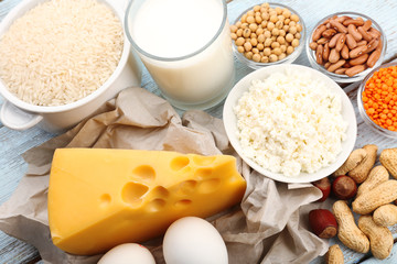 Food high in protein on table, close-up