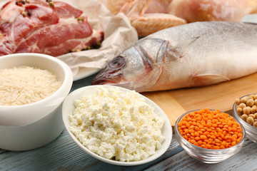 Food high in protein on table, close-up