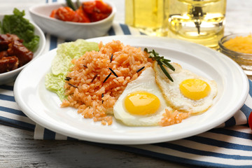 Tasty rice served on table, close-up