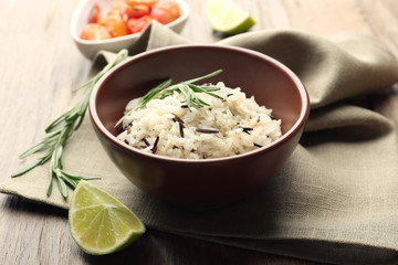 Tasty rice served on table, close-up