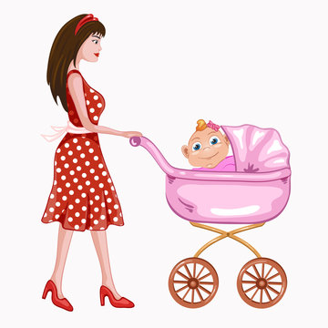 Young mother with pink baby carriage .Happy mom and baby .