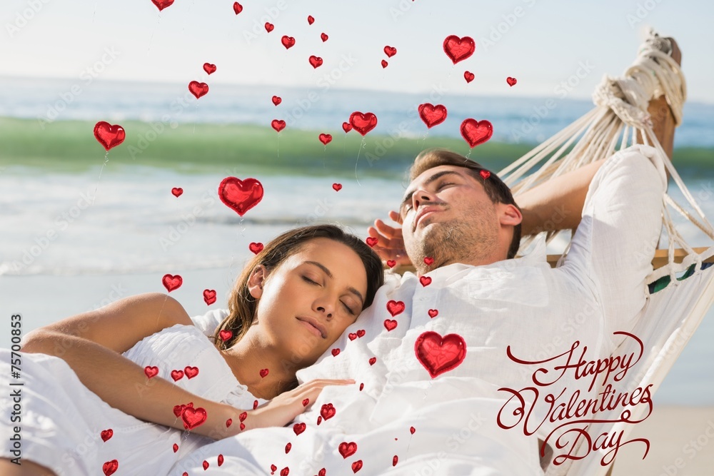 Poster composite image of peaceful couple napping in a hammock