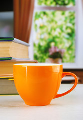 Color cup of tea with books