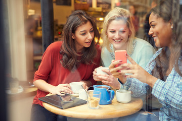 Group Of Female Friends In Caf‚ Using Digital Devices