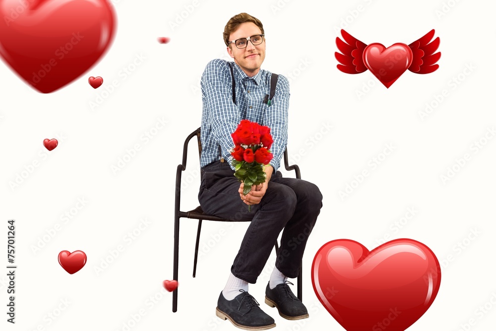 Poster composite image of geeky hipster holding a bunch of roses