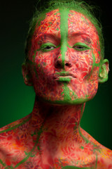 close up of a face of a girl with creative visage. Face art.
