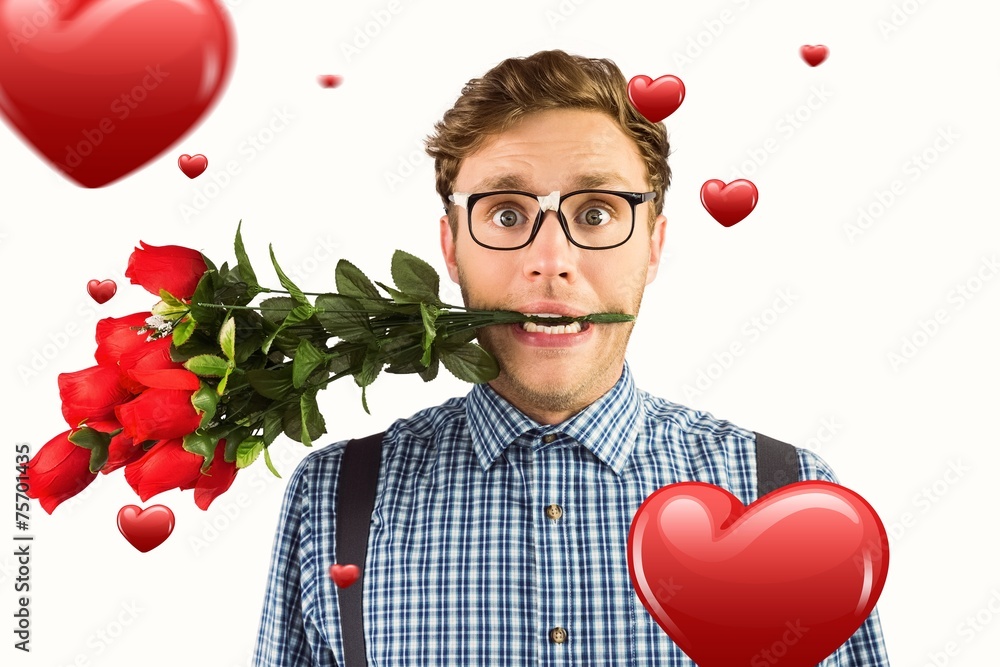 Poster composite image of geeky hipster biting a bunch of roses