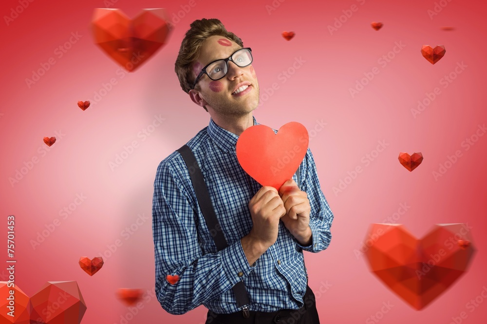 Poster composite image of geeky hipster covered in kisses