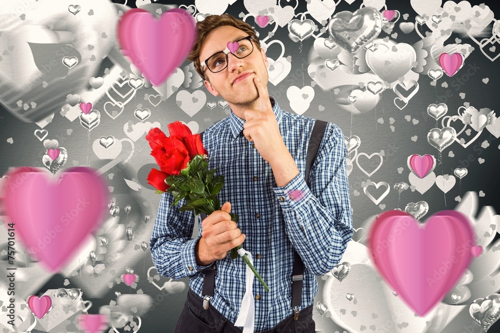 Poster composite image of geeky hipster holding a bunch of roses