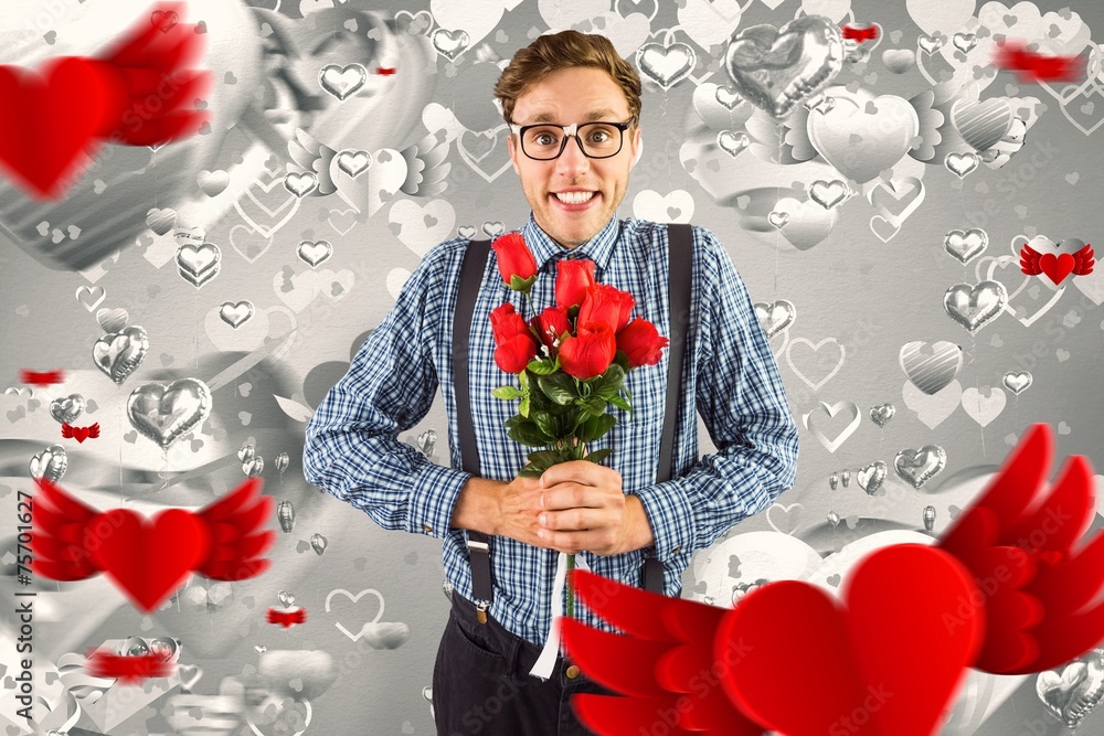 Poster composite image of geeky hipster holding a bunch of roses