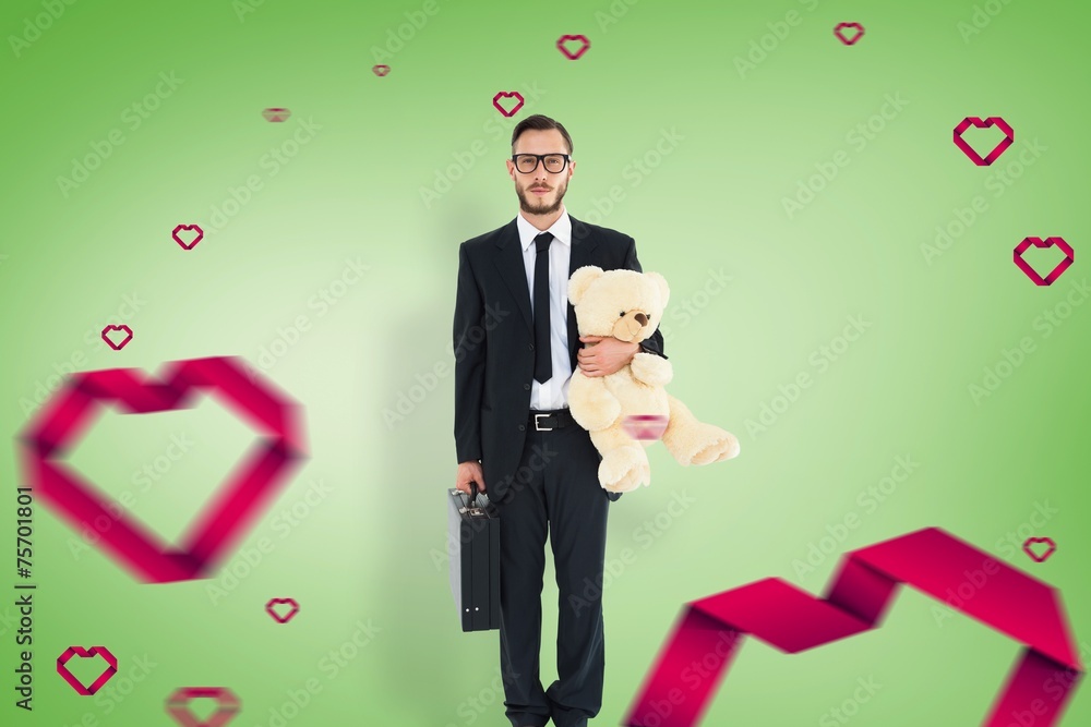 Poster composite image of geeky businessman holding briefcase and teddy