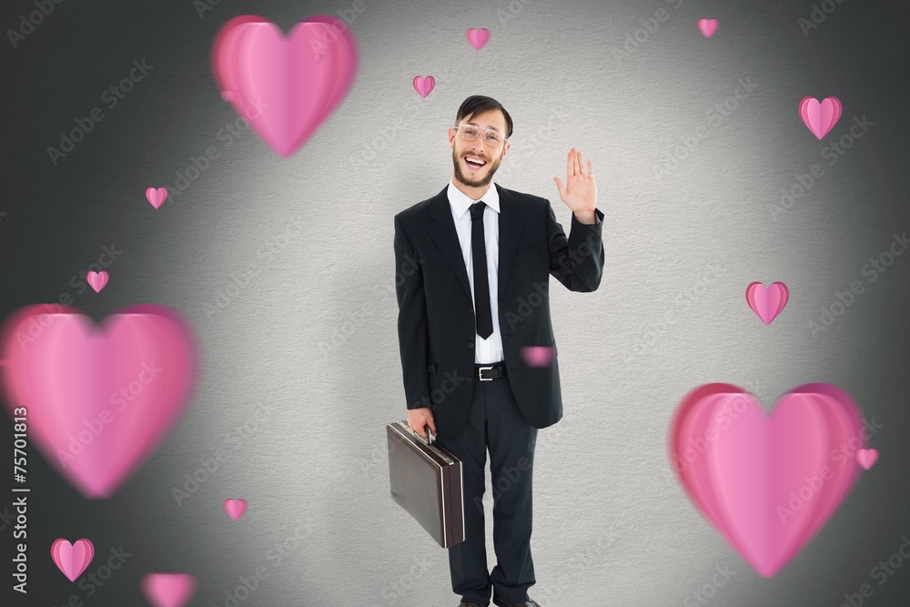 Aufkleber composite image of geeky businessman waving at camera