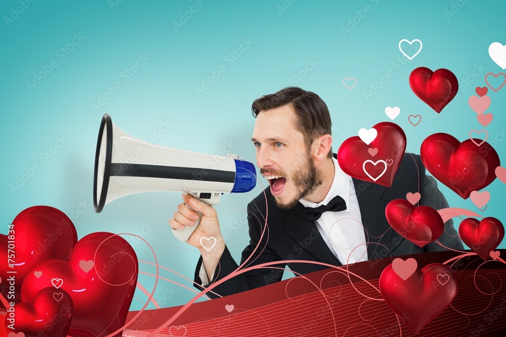 Aufkleber Composite image of geeky businessman shouting through megaphone