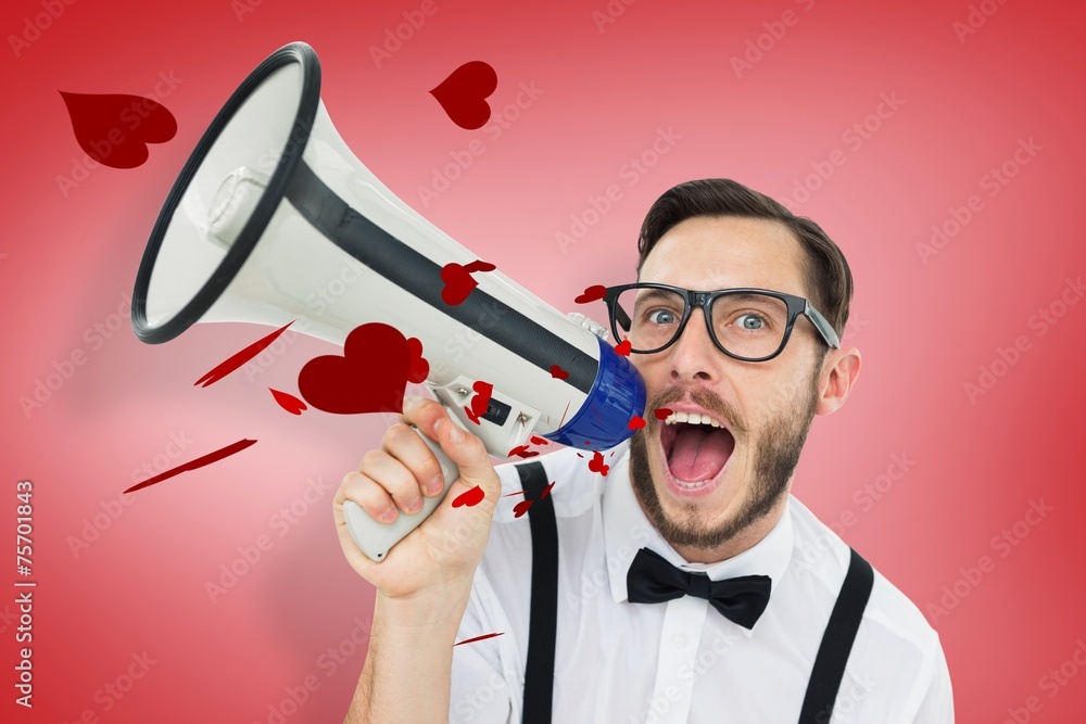 Poster composite image of geeky businessman shouting through megaphone