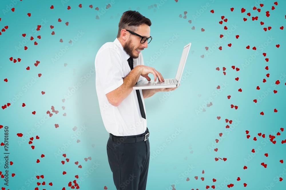 Poster composite image of geeky businessman using his laptop
