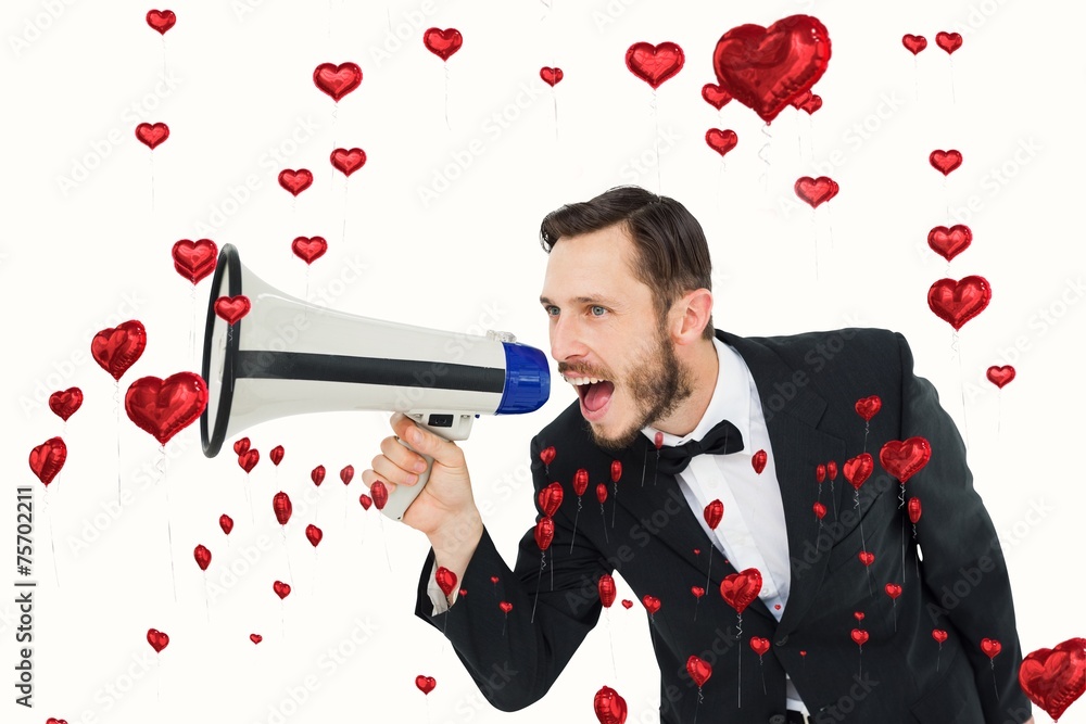 Aufkleber Composite image of geeky businessman shouting through megaphone