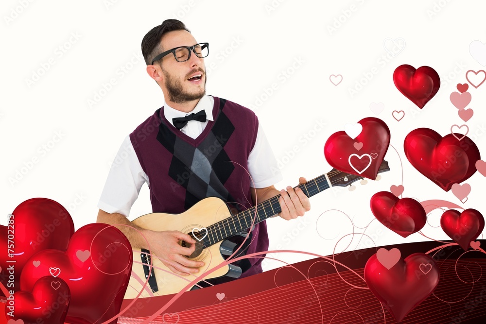 Aufkleber composite image of geeky hipster playing guitar and singing