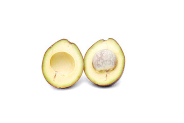 Halved avocados on white background
