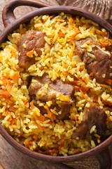 Fried rice with meat and vegetables  vertical top view