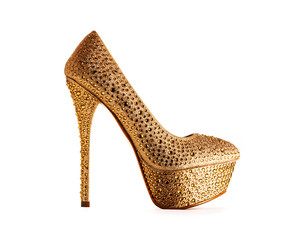 Beautiful sexy gold high heel isolated on white - obrazy, fototapety, plakaty