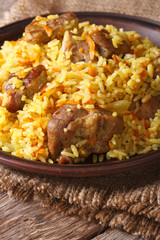 pilaf with meat and vegetables close up on a plate. Vertical