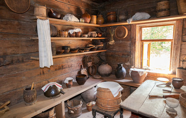 Interior of old rural wooden house in the museum of wooden archi