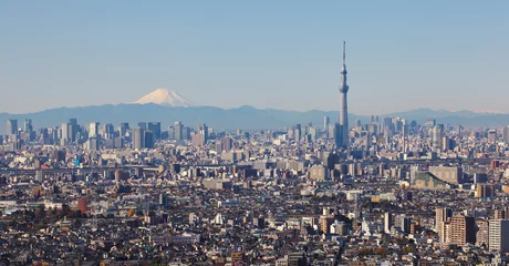 Fotobehang Uitzicht op de stad Tokyo met Tokyo skytree en mountain fuji © torsakarin
